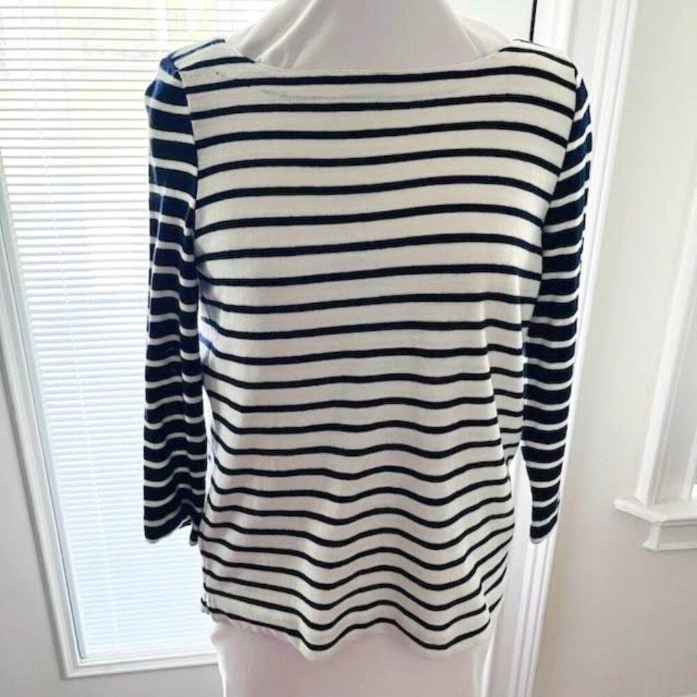 LOFT Blue White Striped Shirt Loft Women”s Medium 3/4 Sleeve Boat Neck Cotton